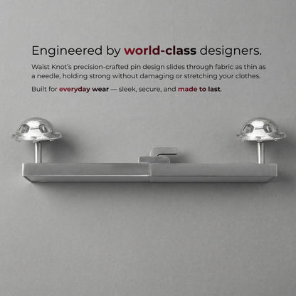 Metal waist knot with text about world-class design on a gray background