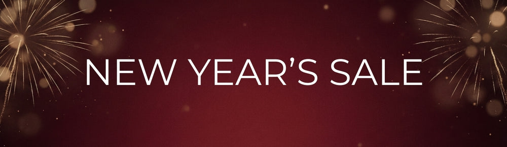 New Year's sale text on a red background with fireworks