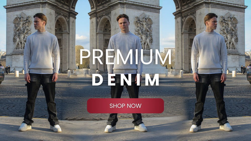 Three identical individuals standing in front of a historical arch with 'Premium Denim' text and a 'Shop Now' button.