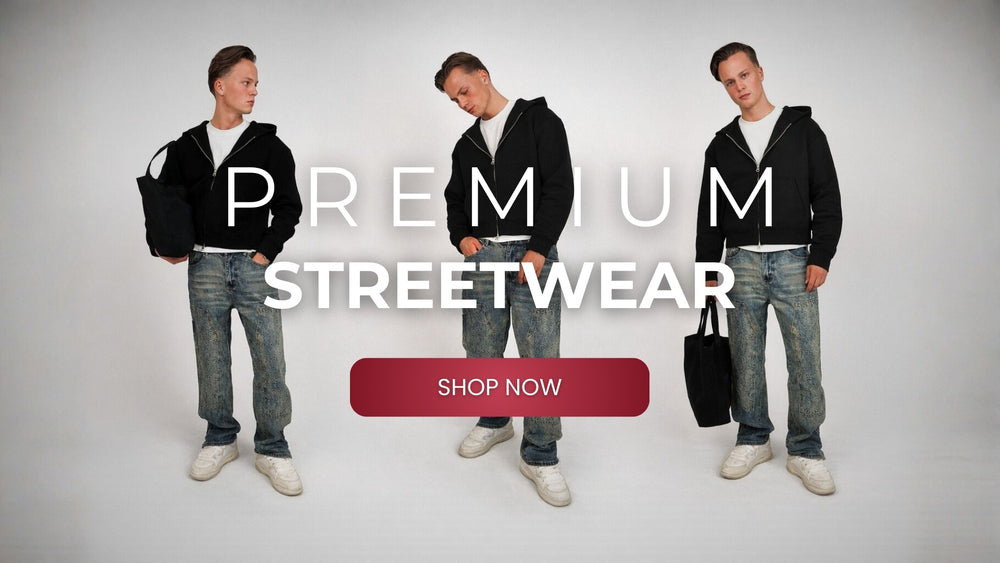 Three people wearing streetwear clothing with 'Premium Streetwear' text and a 'Shop Now' button.