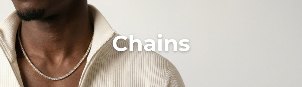 Man wearing a silver chain necklace with the word 'Chains' displayed.