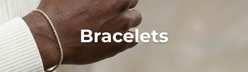 Hand wearing a gold bracelet with 'Bracelets' text overlay on a blurred background