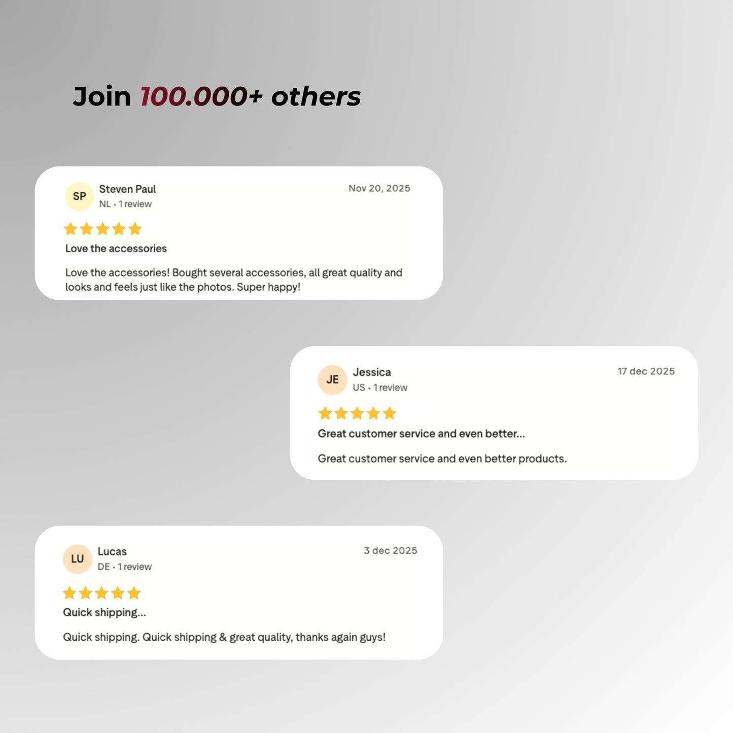 Reviews from customers on a gray background with text 'Join 100,000+ others'.