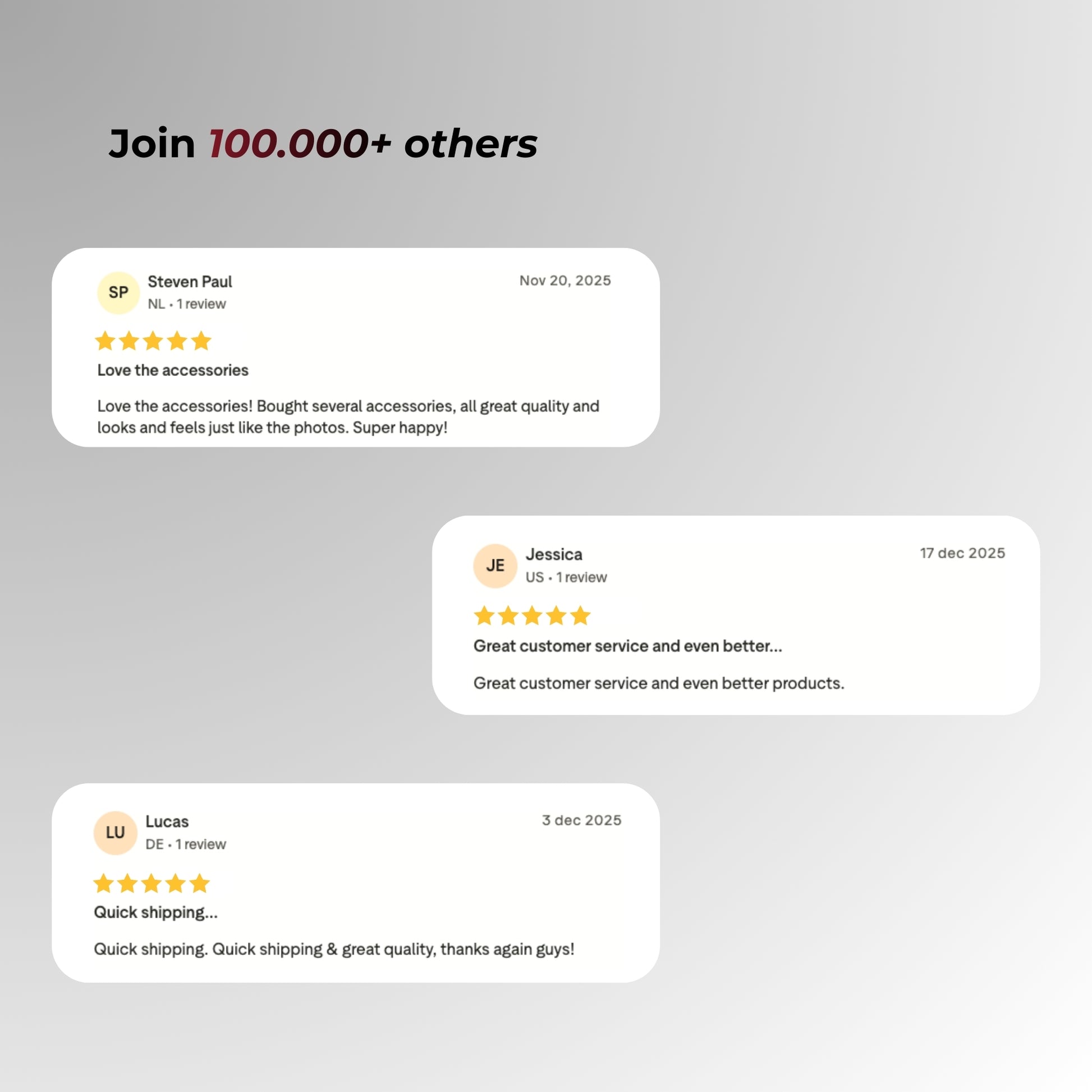 Reviews from customers on a gray background with text 'Join 100,000+ others'.