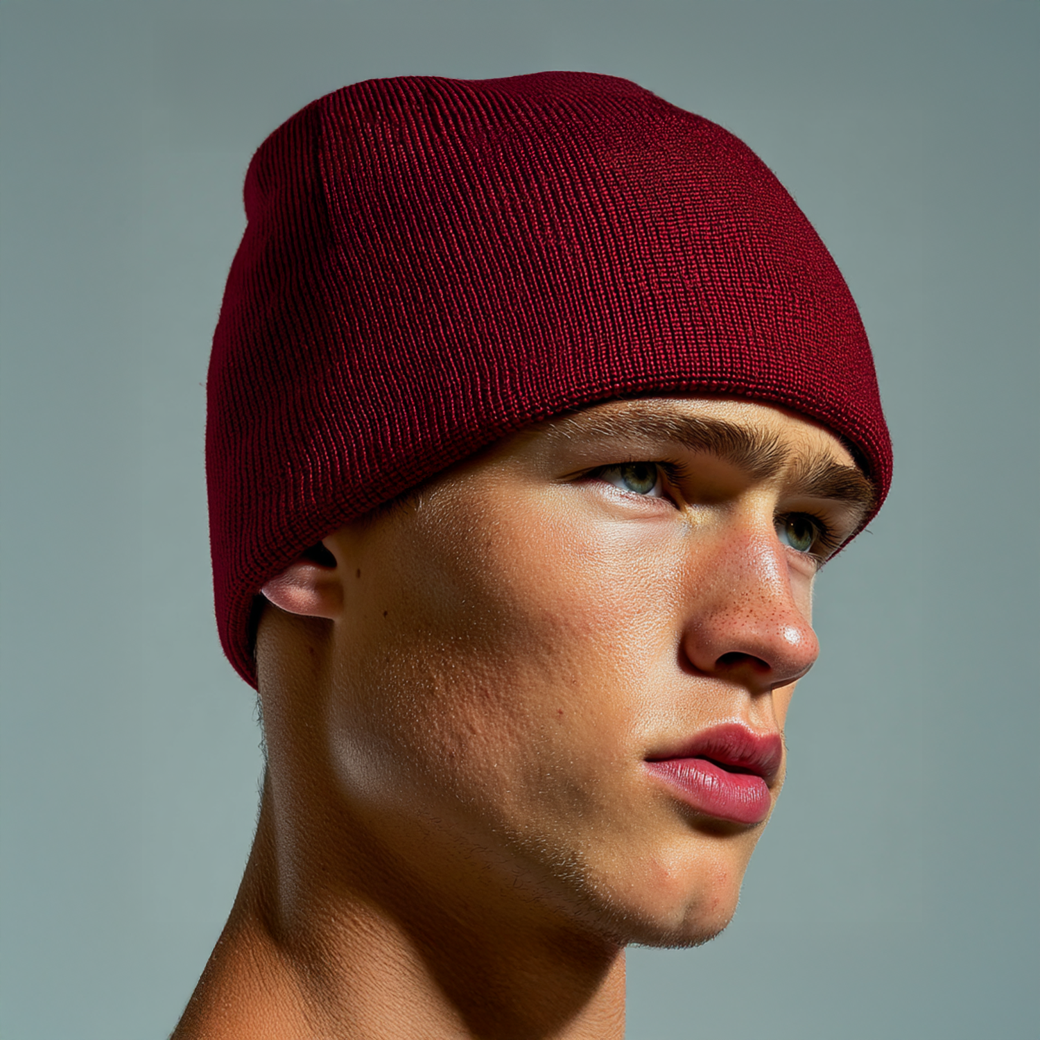 Man wearing a maroon beanie against a gray background