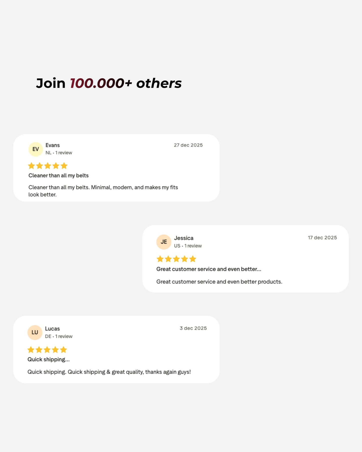 Customer reviews with star ratings on a light background.
