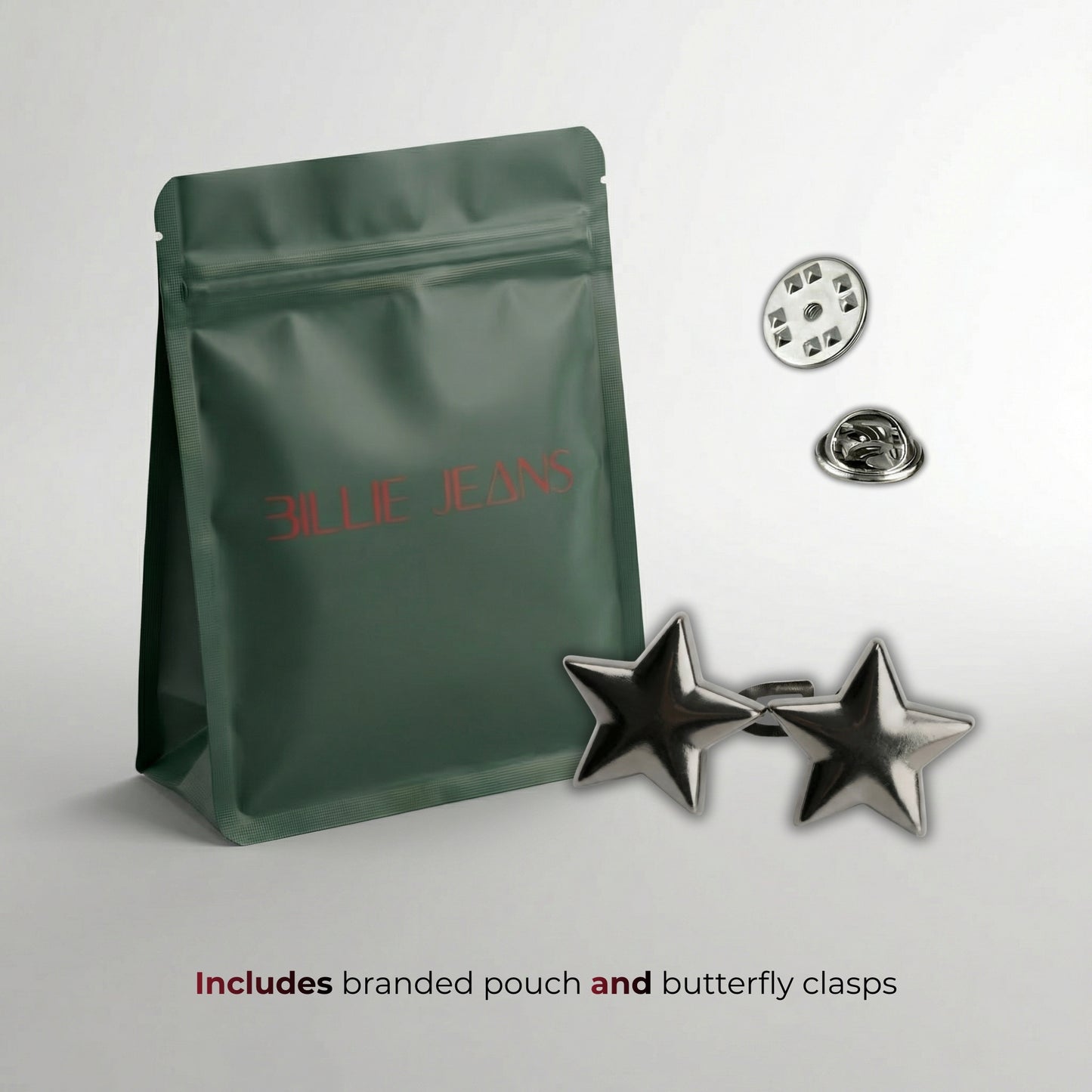 Green branded pouch with butterfly clasps on a light gray background