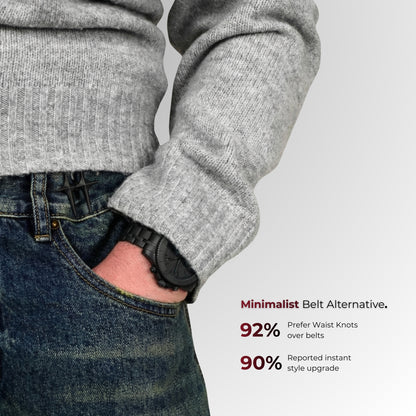 Person wearing a black waist knot with text about minimalist belt alternatives on a gray background