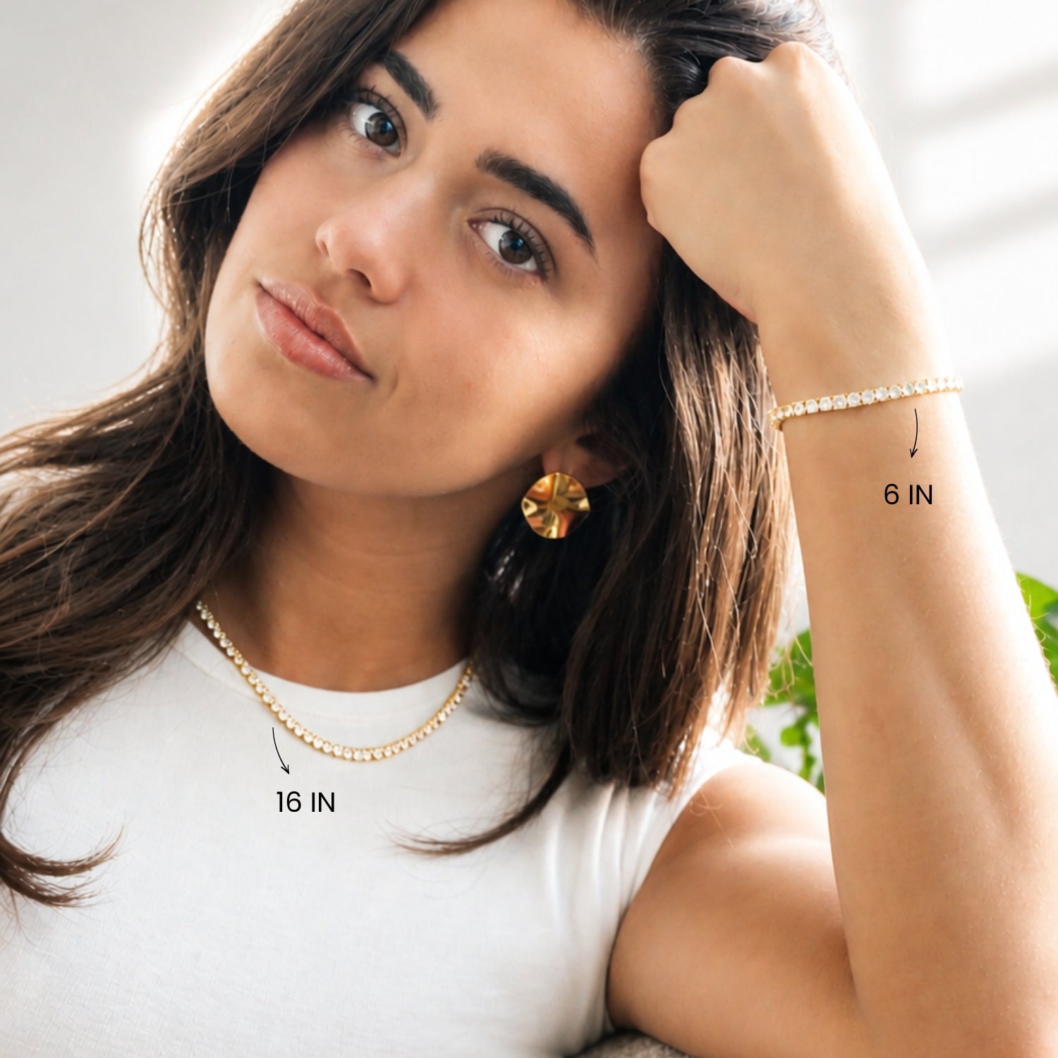 Chain 16 in and bracelet 6 in shown on a model